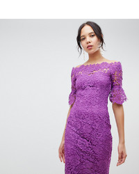Paper Dolls Tall Off Shoulder Crochet Midi Dress With Frill Sleeve In Purple
