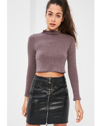 Missguided Petite Purple Ribbed High Neck Crop Top