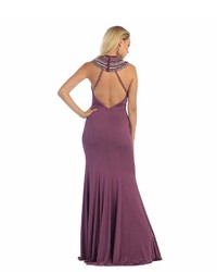 Unique Vintage Mauve Purple Sexy Fitted Embellished Halter Long Dress