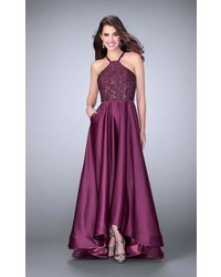 La Femme Sparkling Lace Halter High Low Long Evening Gown 24012