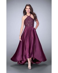 La Femme Sparkling Lace Halter High Low Long Evening Gown 24012