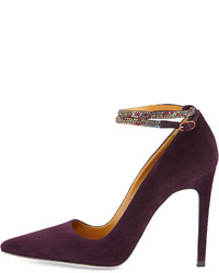 Rene Caovilla Suede Pump With Crystal Ankle Strap Purple