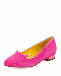 Charlotte Olympia Kitty Embroidered Suede Flat Perfect Purple