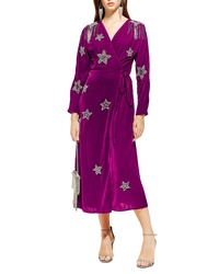 Purple Embroidered Velvet Wrap Dress