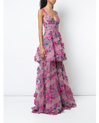 Marchesa Notte Floral Embroidered Tiered Lace Gown