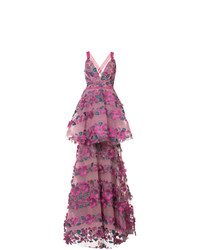 Marchesa Notte Floral Embroidered Tiered Lace Gown