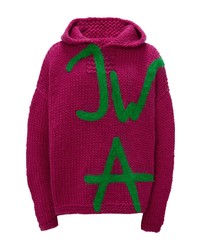 JW Anderson Jwa Logo Oversize Hand Knit Merino Wool Hoodie Sweater In Purplegreen At Nordstrom