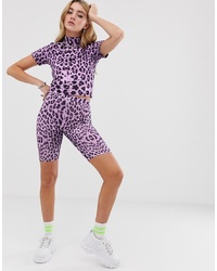 The Ragged Priest Legging Shorts In Purple Leopard Co Ord