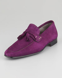 purple and black loafers