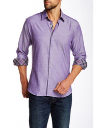 Jared Lang Long Sleeve Herringbone Trim Semi Fitted Shirt