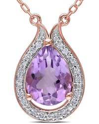 Fine Jewelry Pear Shaped Genuine Rose De France Amethyst And Diamond Pendant Necklace