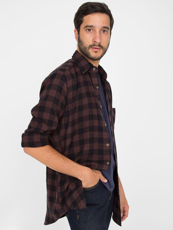 American Apparel Check Plaid Flannel Long Sleeve Button Up With