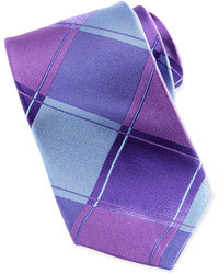 Ike Behar Large Plaid Purple Silk Tie Purple