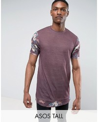 Asos Tall Super Longline T Shirt In Linen Look Fabric With Floral Print Sleeves Hem Extender