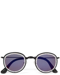 Freda Banana Vic Embellished Faux Leather Trimmed Round Frame Metal Sunglasses Purple