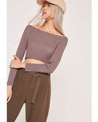 Missguided Dark Purple Basic Bardot Ribbed Cropped Sweater