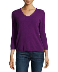 Neiman Marcus Cashmere V Neck Cashmere Sweater Purple
