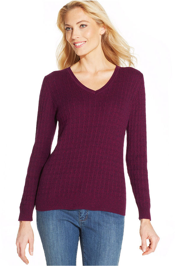 Karen Scott Long Sleeve V Neck Cable Knit Sweater | Where to buy