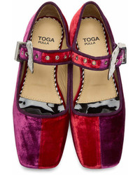 Toga Pulla Pink And Red Velvet Mary Jane Flats
