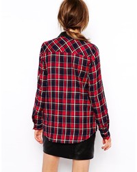 Asos Collection Red Check Shirt With Pu Collar
