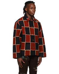 Bode Burgundy Black Blanket Stitch Quilt Jacket