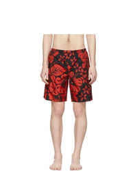 Red and Black Floral Swim Shorts