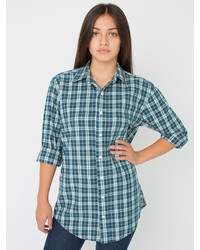 American Apparel Unisex Brushed Plaid Cotton Twill Long Sleeve Button Up With Pocket