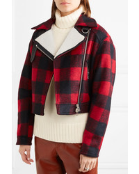 Veronica Beard Benni Leather And Faux Shearling Trimmed Checked Felt Jacket