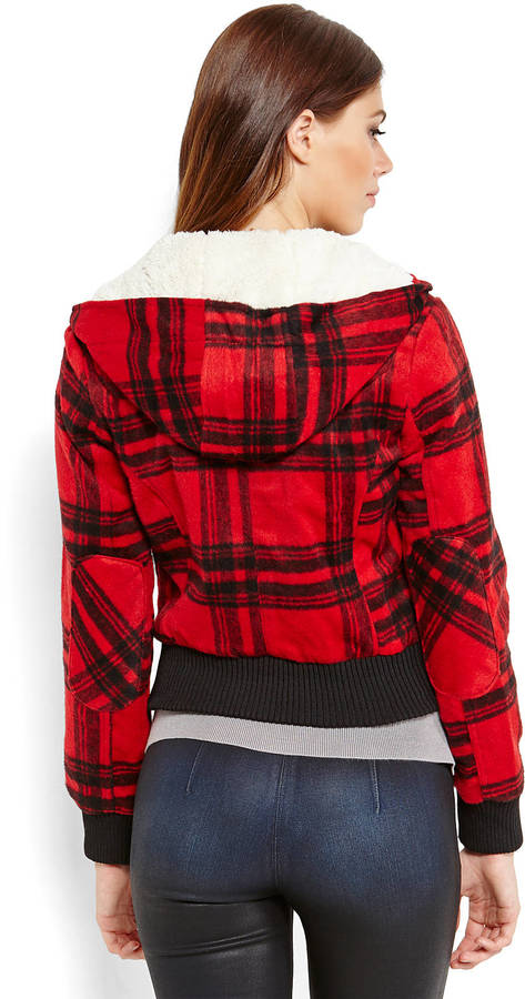 plaid hooded bomber jacket