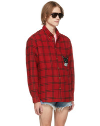 Gucci Red Black Check Cat Patch Shirt