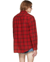 Gucci Red Black Check Cat Patch Shirt