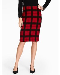 Red Fair Isle Crew-neck Sweater with Red and Black Plaid Pencil Skirt ...