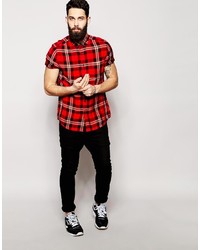Asos Brand Shirt In Short Sleeve With Red Plaid Check