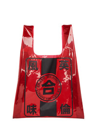 Red and Black Print Leather Tote Bag