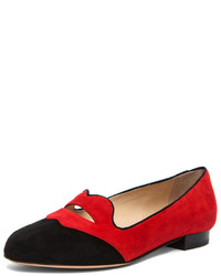 Charlotte Olympia Bisoux Suede Flats In Red Black