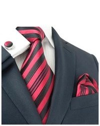 TheDapperTie Striped Black And Red 100% Silk Tie Set 636s