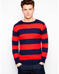 Men's Red and Navy Horizontal Striped Crew-neck Sweater, White ...