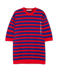 Red and Navy Horizontal Striped Short Sleeve Sweater