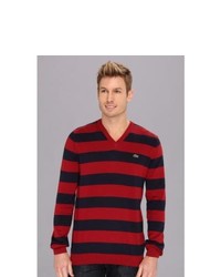 Lacoste Cotton Jersey Bar Stripe V Neck Sweater Sweater Autumnal Rednavy Blue
