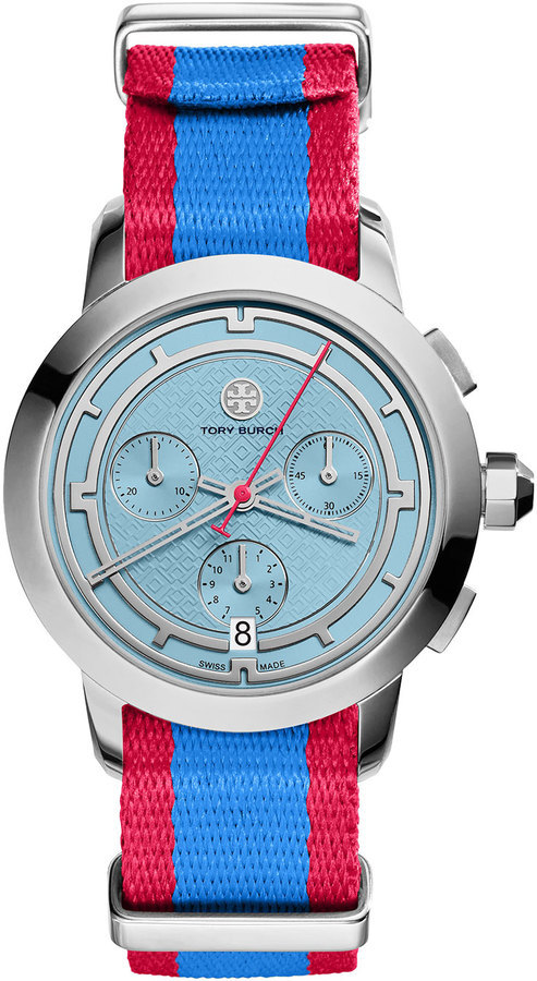 Tory Burch Watches Tory Chronograph Fabric Strap Watch Bluered, $695 |  Neiman Marcus | Lookastic