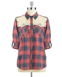GUESS Plaid Military Shirt With Lace Accents