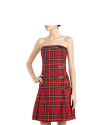 Moschino Cheap & Chic Buckle Detail Plaid Strapless Dress Red