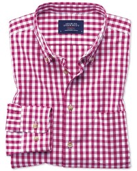Charles Tyrwhitt Classic Fit Button Down Non Iron Poplin Red Gingham Cotton Casual Shirt Single Cuff Size Large By