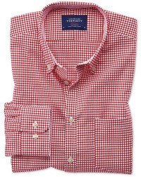 Charles Tyrwhitt Slim Fit Button Down Non Iron Oxford Gingham Red Cotton Casual Shirt Single Cuff Size Large By