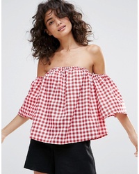 Red and White Gingham Off Shoulder Top