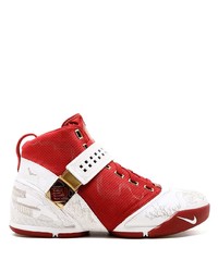 Red and White Leather High Top Sneakers