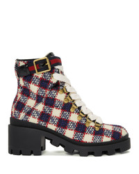 Gucci Red And White Check Tweed Ankle Boots