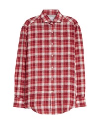 Brunello Cucinelli Slim Fit Plaid Linen Cotton Button Up Shirt In C038 Rosso At Nordstrom