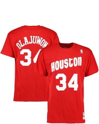 Mitchell & Ness Hakeem Olajuwon Red Houston Rockets Hardwood Classics Retro Name Number T Shirt