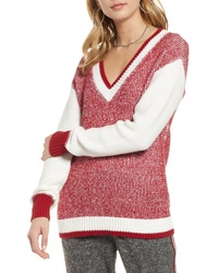 Red and White V-neck Sweater